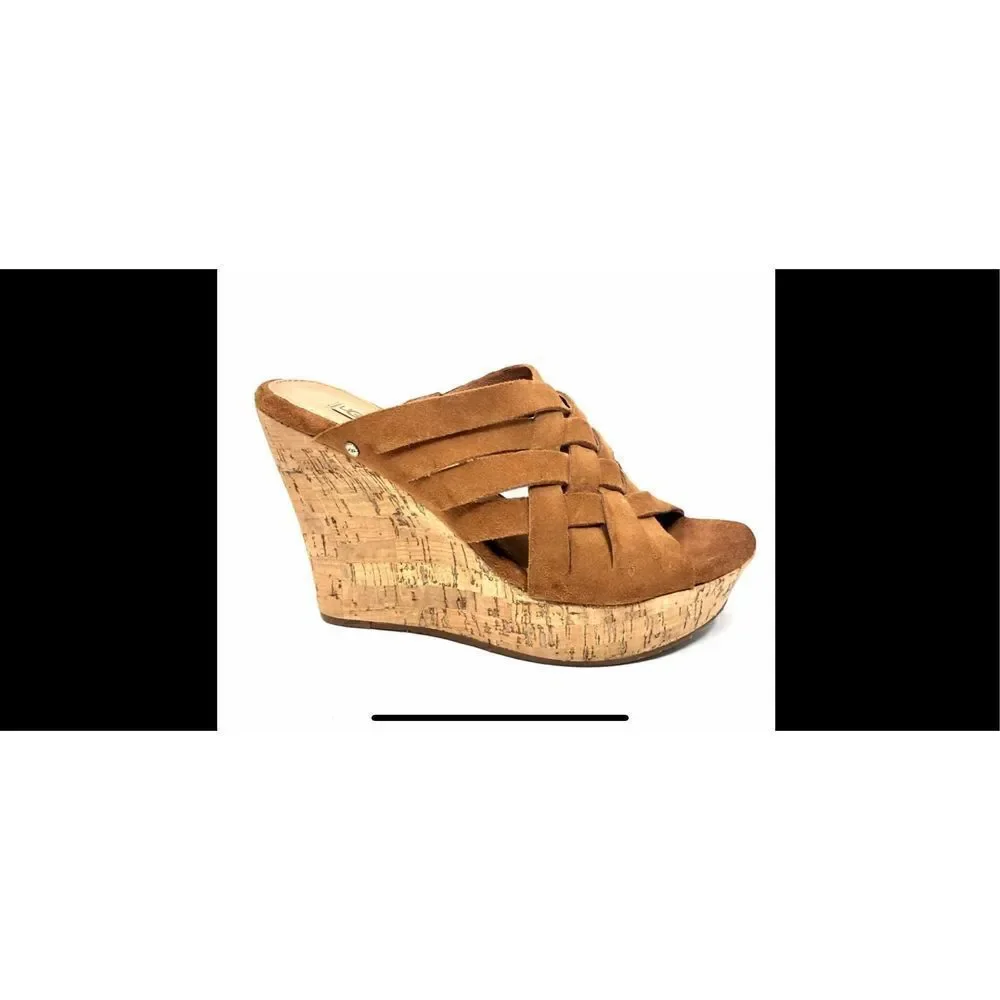 UGG Marta chestnut cork, slip on wedges, size 8W soft suede with woven straps al